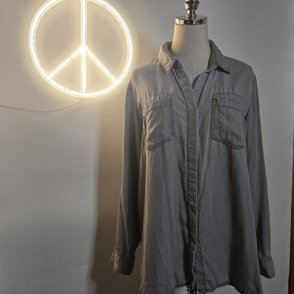 Terre Bleue Gray Button Front Roll Tab Sleeve Casual Long Sleeve Shirt Size XL